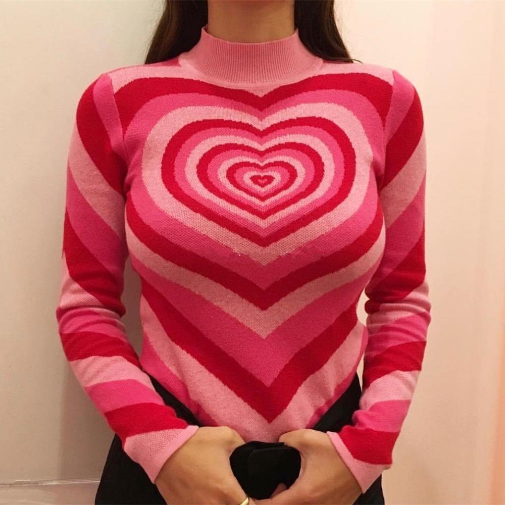 New Spring Women patchwork Pink Heart Sweet sweater Ladies half high neck Slim sweater long sleeve Pink Love knitted Pullovers - Ohbabyohman