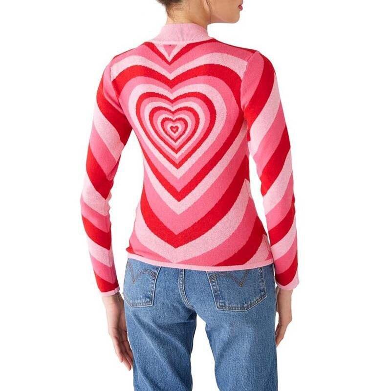 New Spring Women patchwork Pink Heart Sweet sweater Ladies half high neck Slim sweater long sleeve Pink Love knitted Pullovers - Ohbabyohman