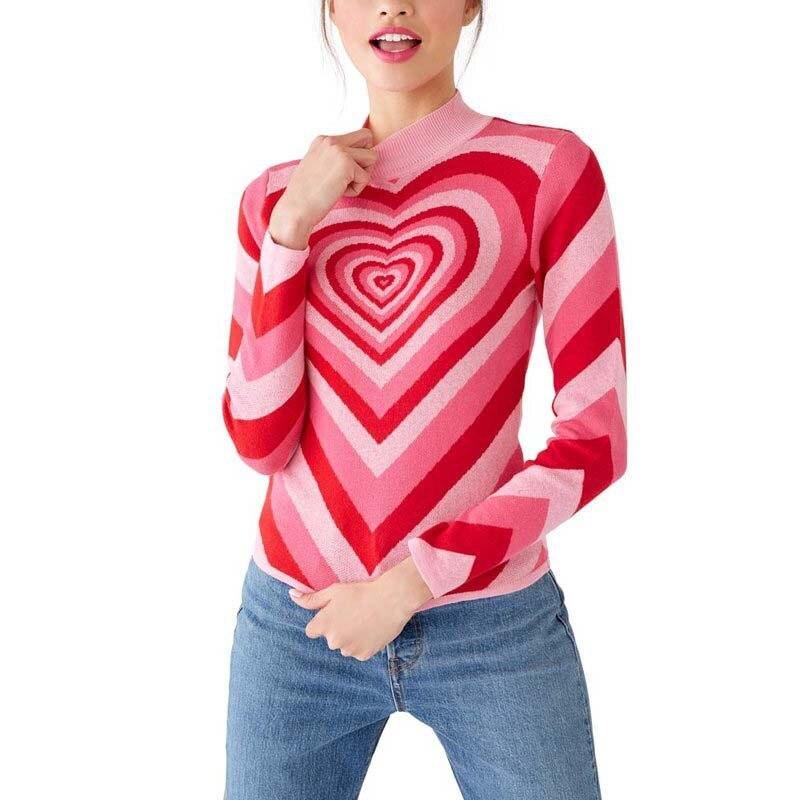 New Spring Women patchwork Pink Heart Sweet sweater Ladies half high neck Slim sweater long sleeve Pink Love knitted Pullovers - Ohbabyohman