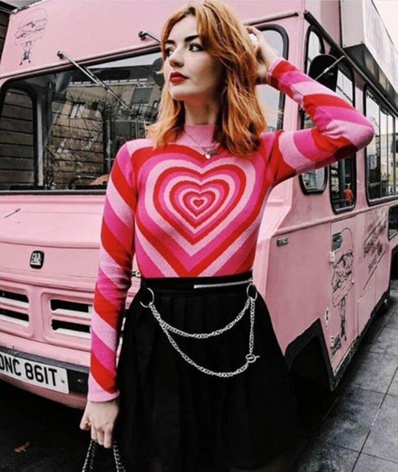 New Spring Women patchwork Pink Heart Sweet sweater Ladies half high neck Slim sweater long sleeve Pink Love knitted Pullovers - Ohbabyohman