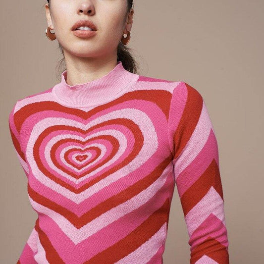 New Spring Women patchwork Pink Heart Sweet sweater Ladies half high neck Slim sweater long sleeve Pink Love knitted Pullovers - Ohbabyohman